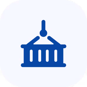 Blue crane lifting a shipping container icon on a rounded square background.