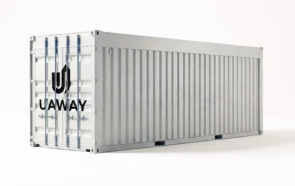 White shipping container with closed doors featuring the UAWAY logo on the front side.