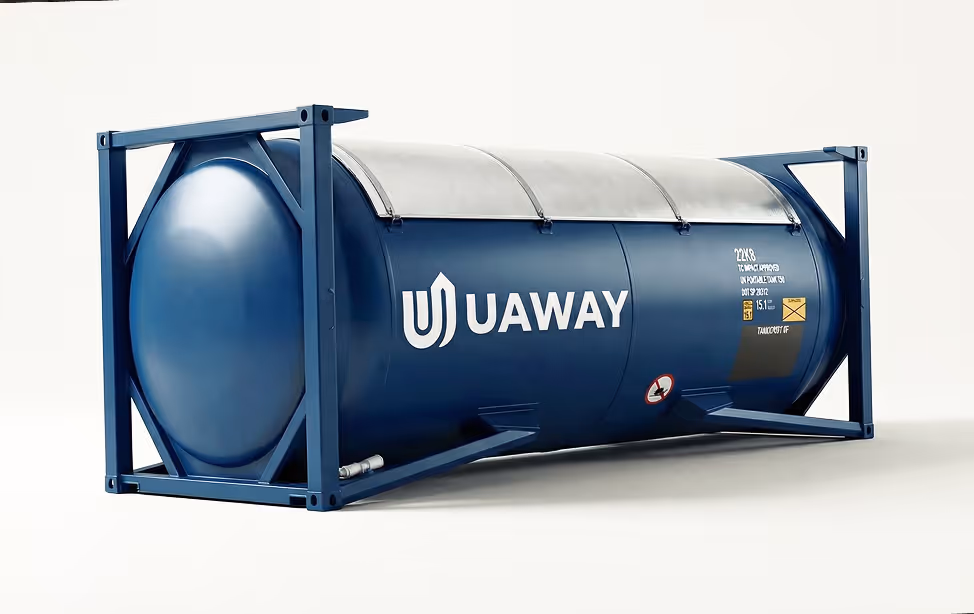 Blue cylindrical Uaway tank container with metal frame and curved metallic cover on top.