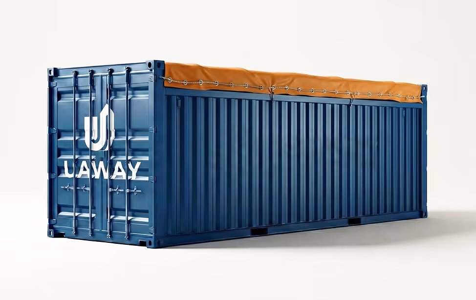 Blue storage container with an orange tarp cover and the logo 'UAWAY' on the door.