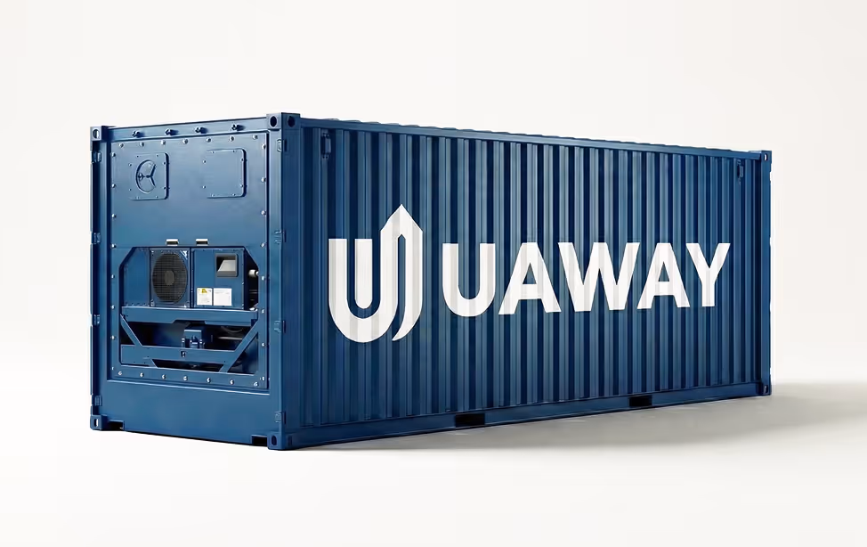 Large blue shipping container with a white UAWAY logo on the side.