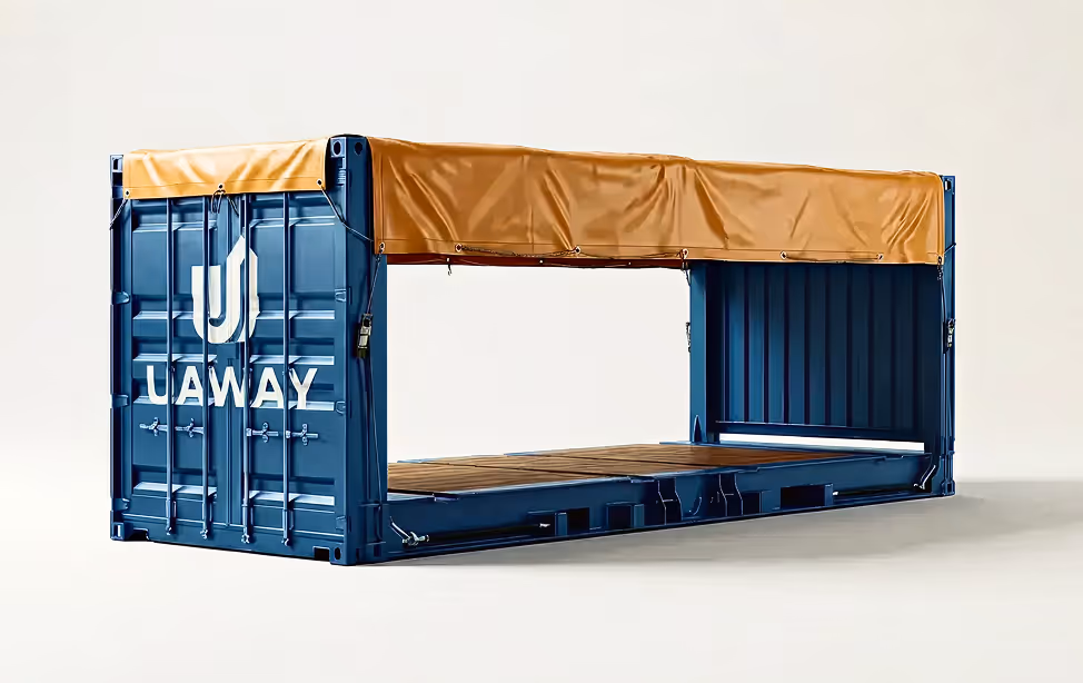 Blue Uaway shipping container with yellow tarp partially covering the top and open sides.