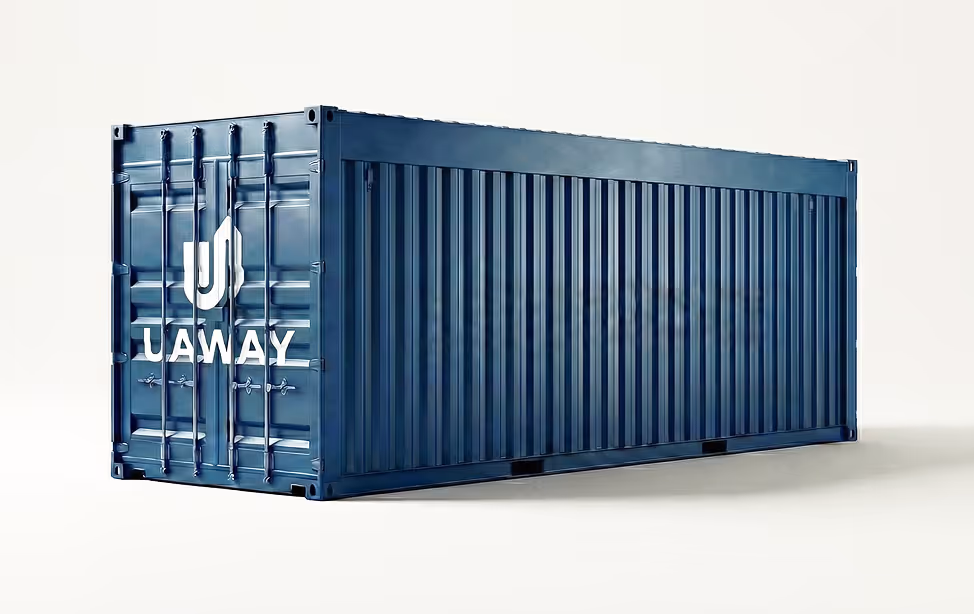 Blue shipping container with the YAMAW logo on its front side.