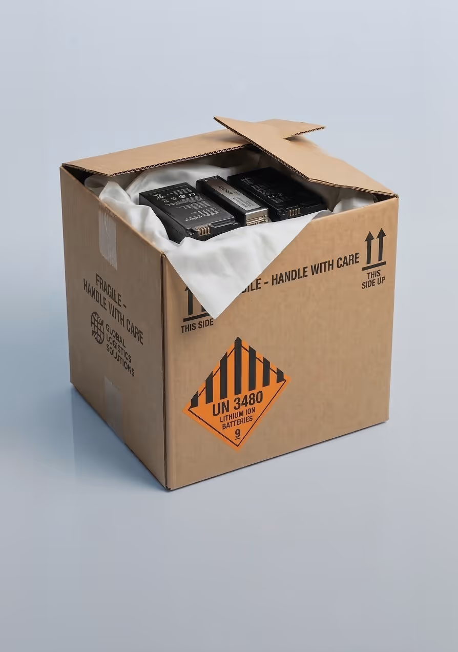 Open cardboard box with lithium ion batteries inside, labeled UN 3480, on a light gray surface.