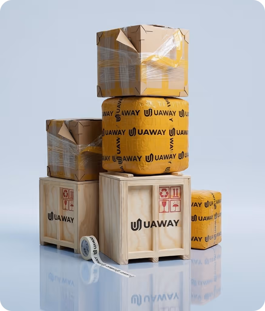 Stack of packaged boxes and crates wrapped with tape labeled 'UAWAY' against a light background.
