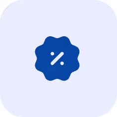 Blue badge icon with a white percent symbol inside on a light background.