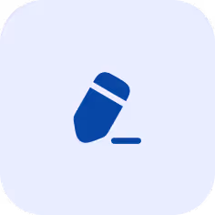 Blue eraser icon angled to erase a line on a light square background with rounded corners.