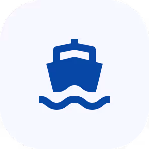 Blue ship icon sailing on wavy water with rounded square white background.