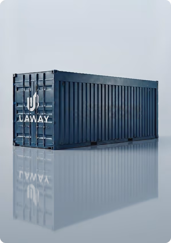 Large blue shipping container with 'UAWAY' logo on the door, reflected on a smooth gray surface.