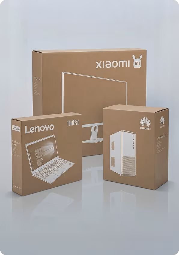 Three brown cardboard boxes with illustrations and logos of Xiaomi monitor, Lenovo ThinkPad laptop, and Huawei desktop computer.