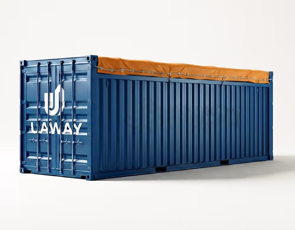 Blue cargo shipping container with a brown tarp secured on top and the logo 'JAWAY' on the door.