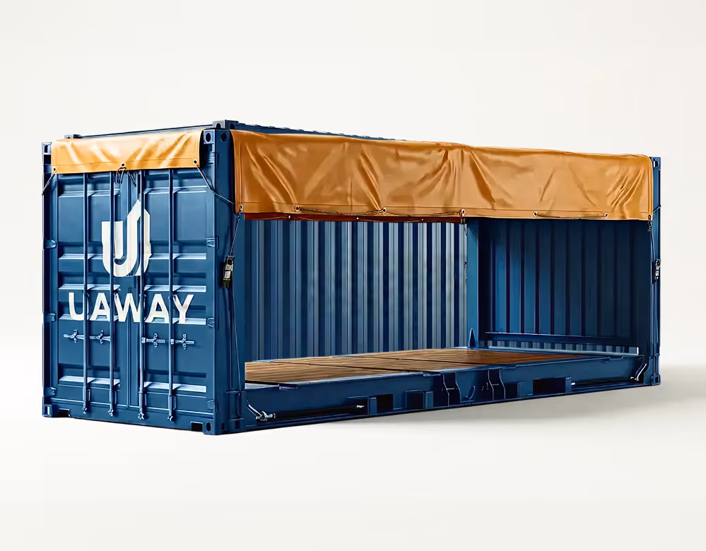 Blue shipping container with brown tarp cover partially open, showing wooden floor inside and JA WAY logo on the front doors.