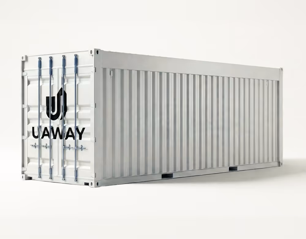 White shipping container with vertical locking bars and a black UAWAY logo on the front door.