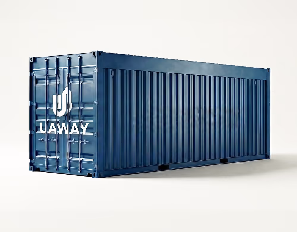 Blue shipping container with UAWAY logo on front doors against a white background.