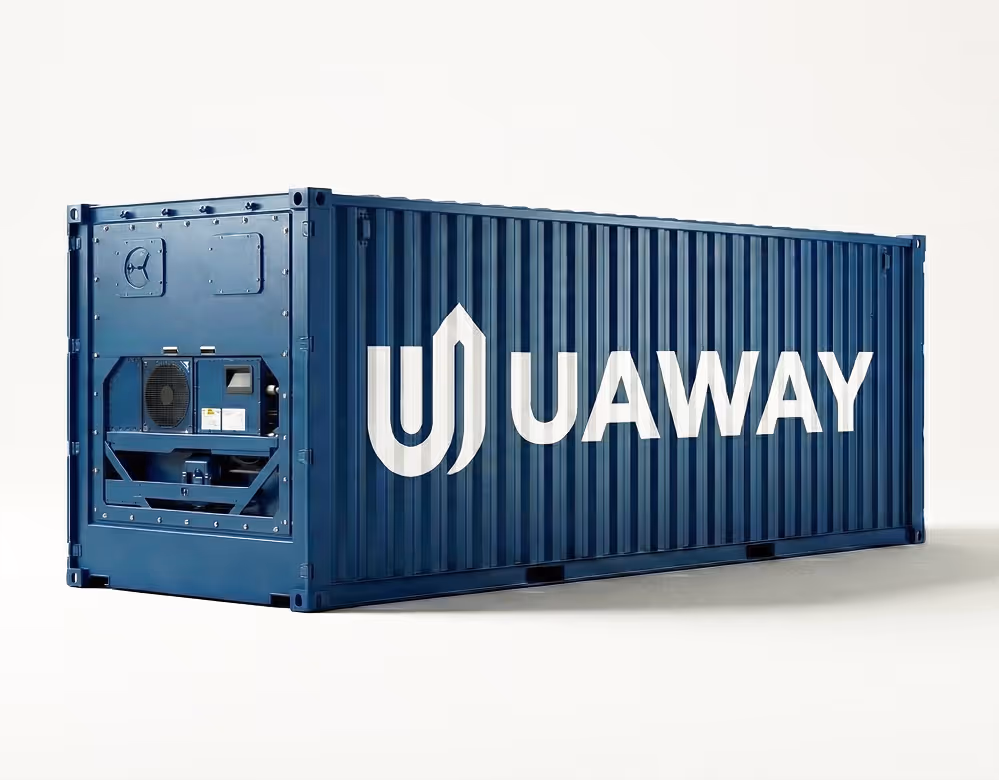 Blue Uaway-branded shipping container with ventilation unit on one end.