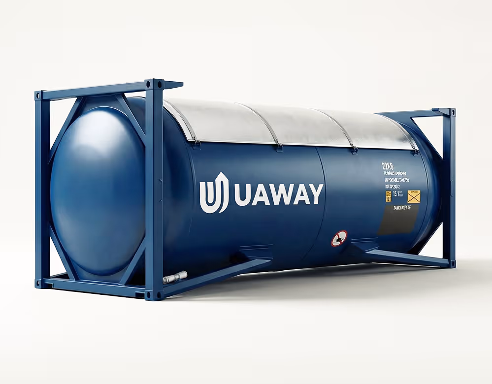 Blue cylindrical industrial storage tank container with UAWAY logo on a white background.