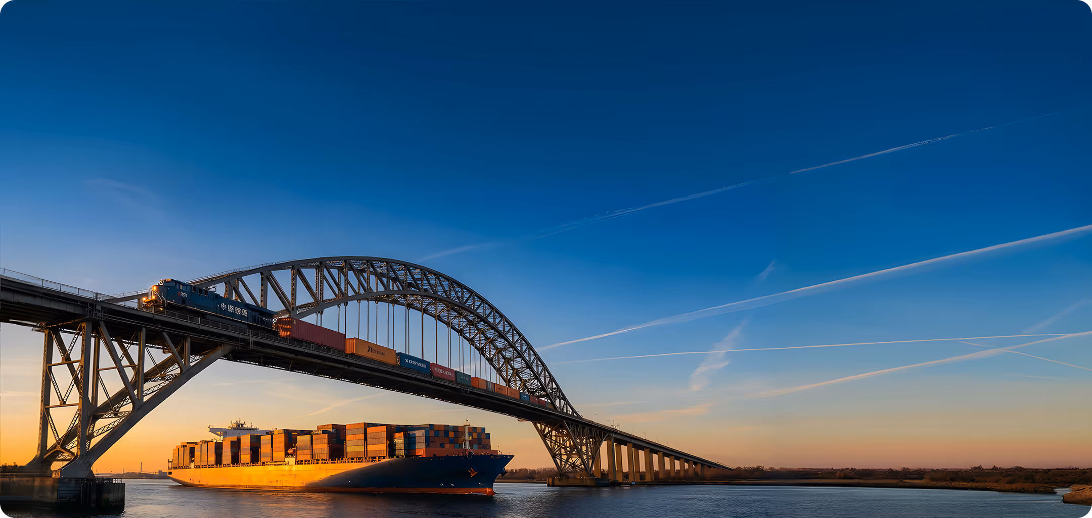 Container ship passing under a steel arch bridge with a train carrying containers on the bridge during sunset.