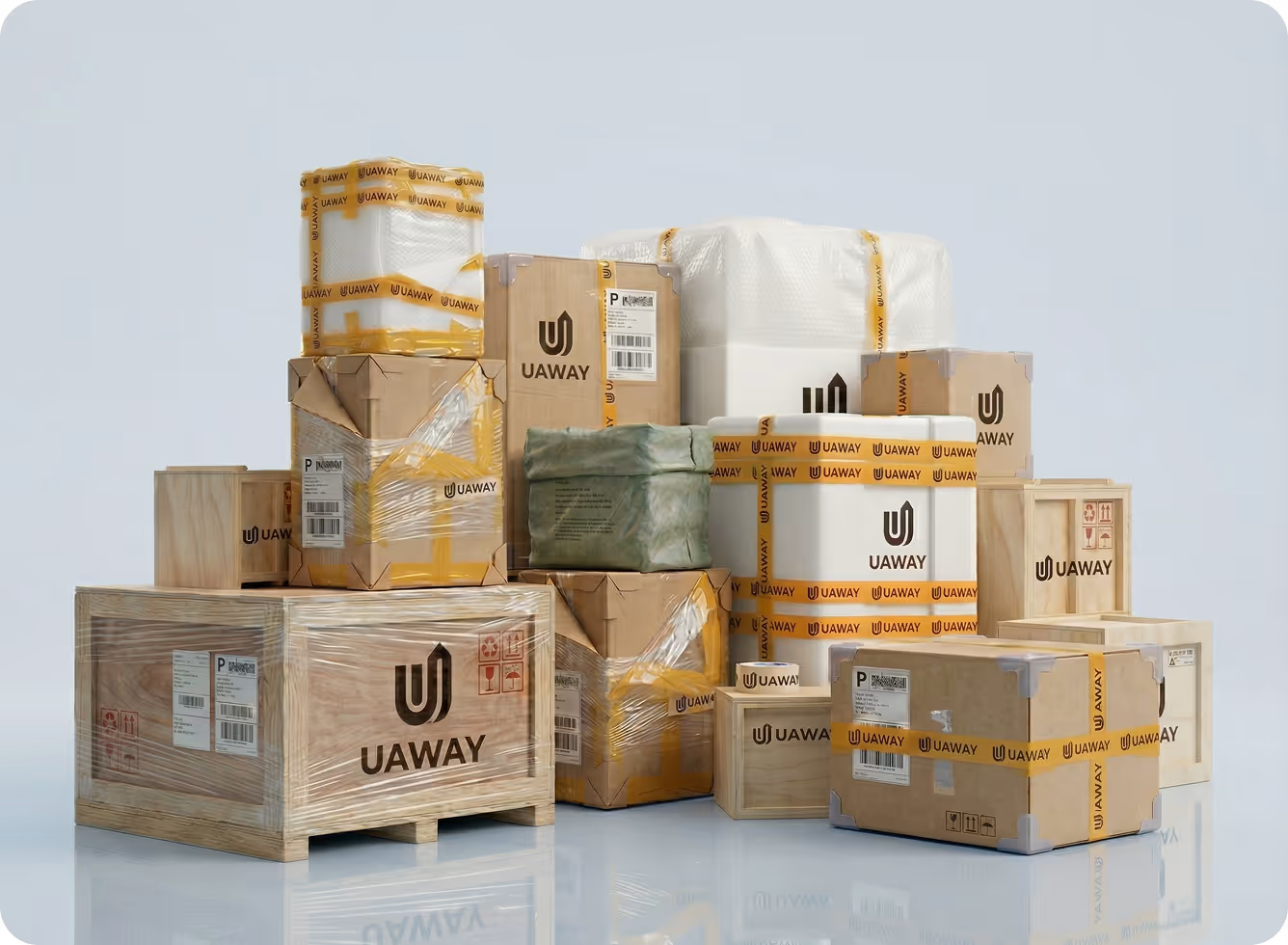 Stack of various sized shipping boxes and crates wrapped in yellow UAWAY tape on a reflective surface.