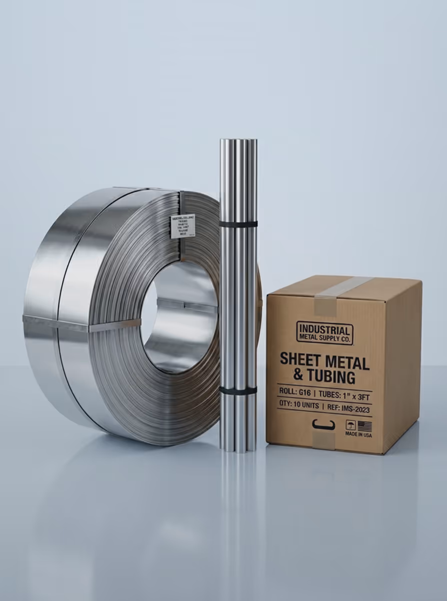 Coiled sheet metal, bundled metal tubes, and a cardboard box labeled 'Sheet Metal & Tubing' from Industrial Metal Supply Co.