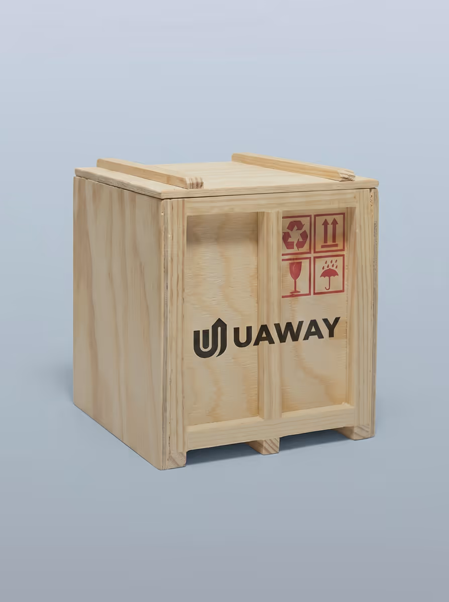 Light wooden shipping crate with UAWAY logo and handling symbols for recycle, this side up, fragile, and keep dry.