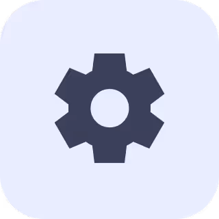 Dark gray gear icon centered on a light gray rounded square background.