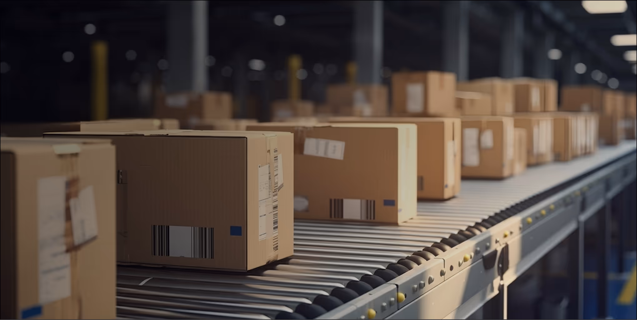 Cardboard boxes with shipping labels moving on a conveyor belt in a warehouse.