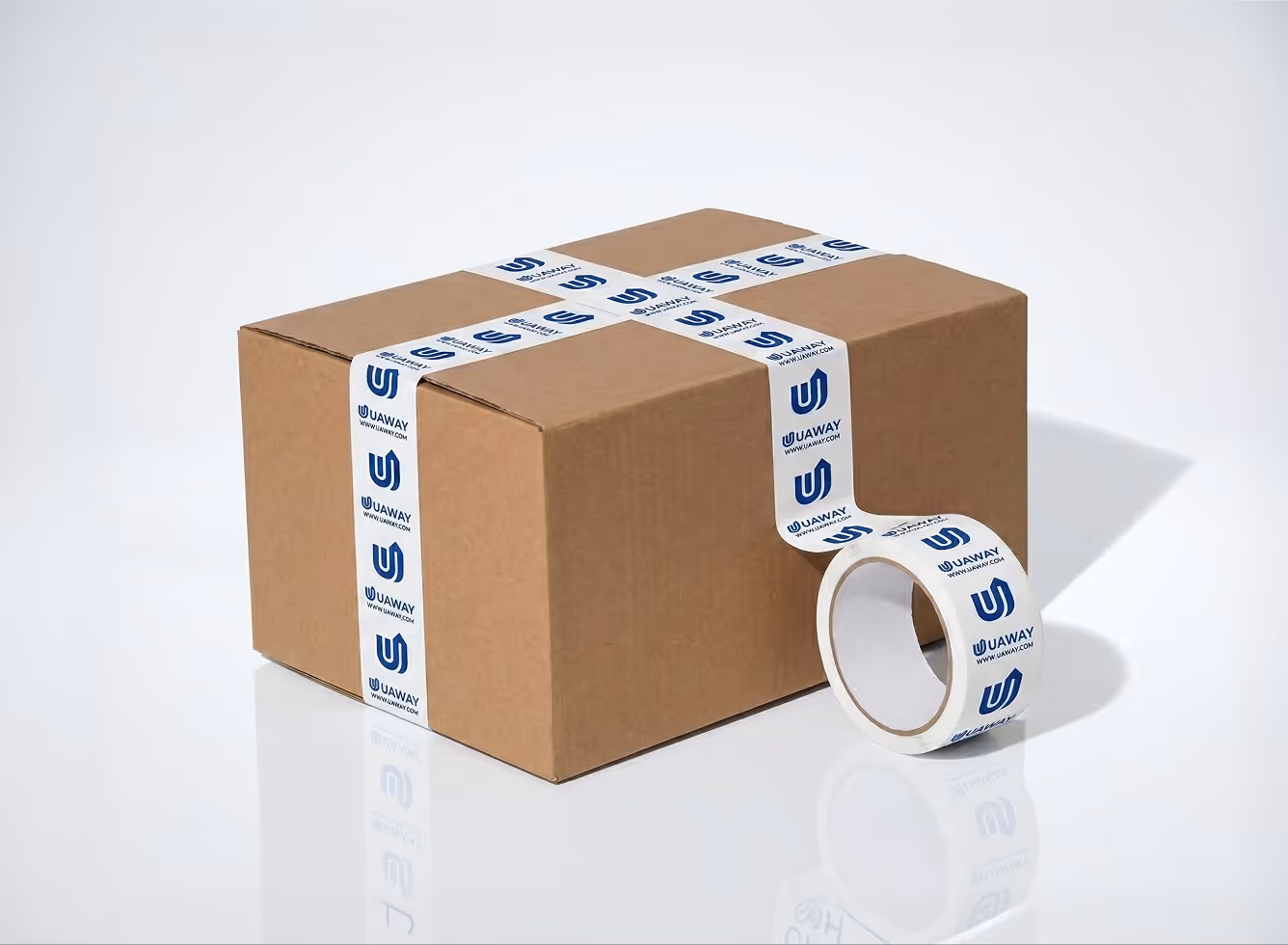 Brown cardboard box sealed with white tape featuring blue UAWAY logos and website URL.