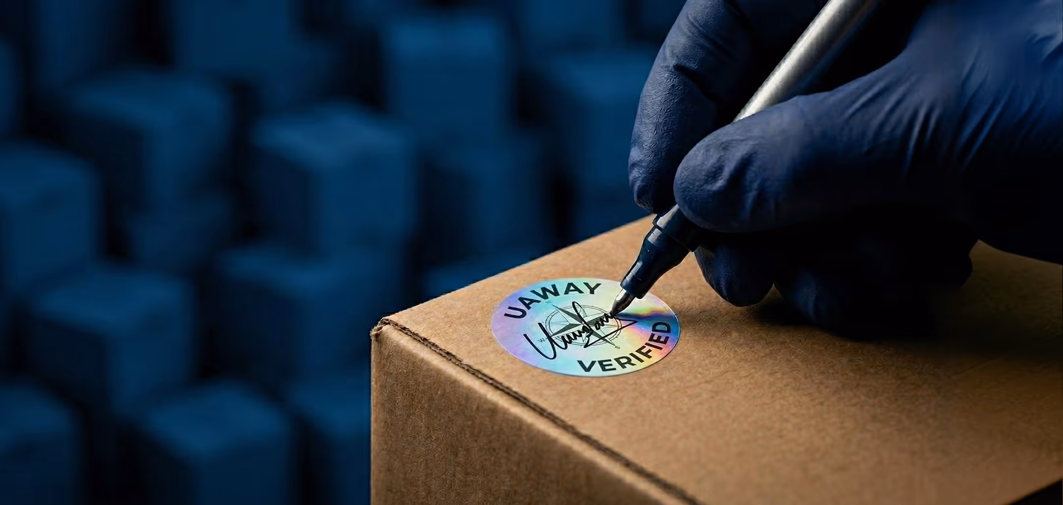 A gloved hand signs a holographic sticker labeled 'UAWAY VERIFIED' affixed to a cardboard box.