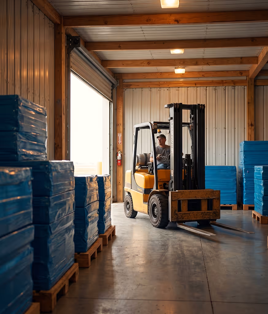Man operating a yellow forklift inside a warehouse with stacks of blue wrapped pallets.