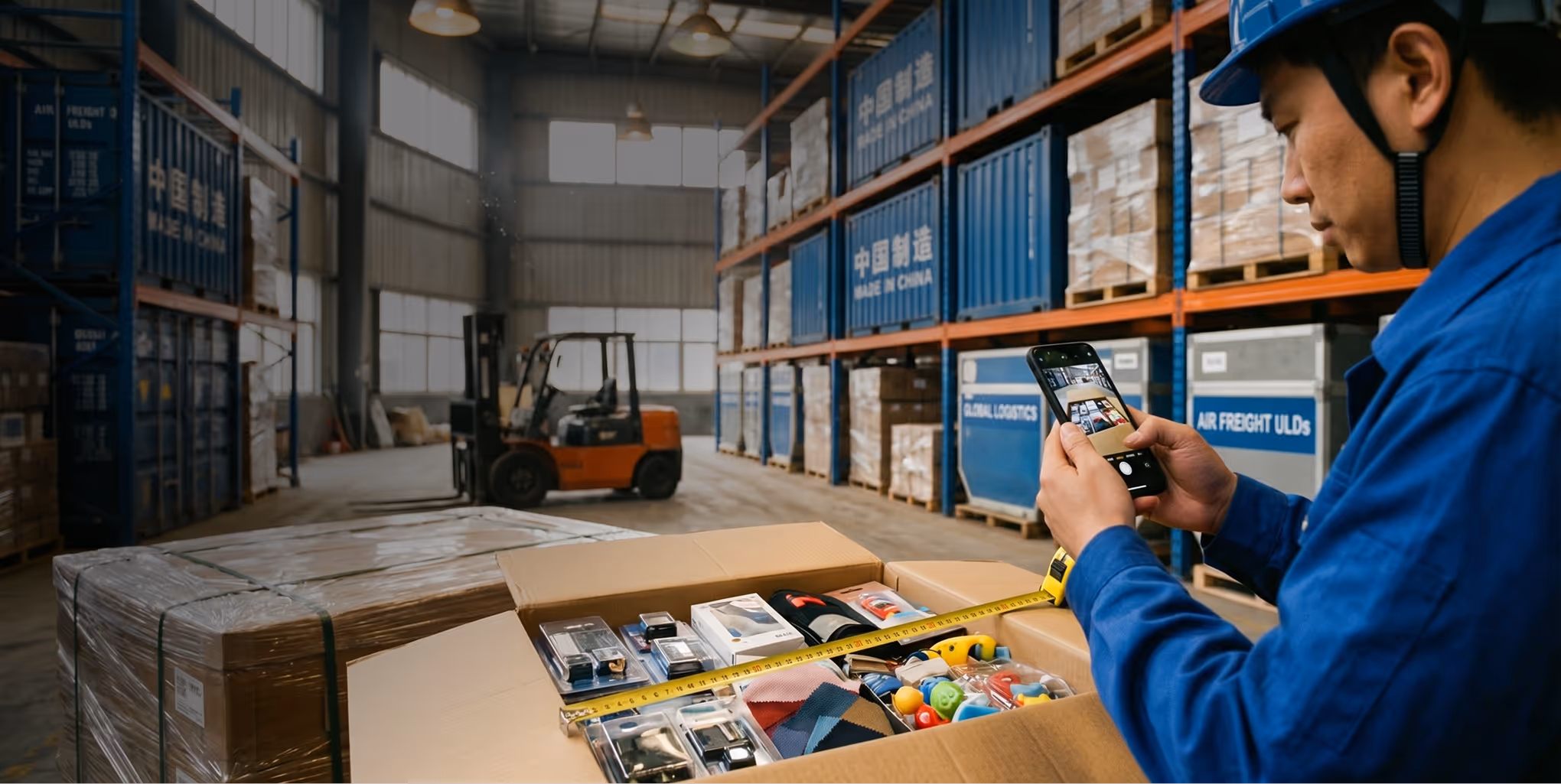 Warehouse worker wearing a blue uniform and helmet using a smartphone to photograph items in a cardboard box with a tape measure across it.