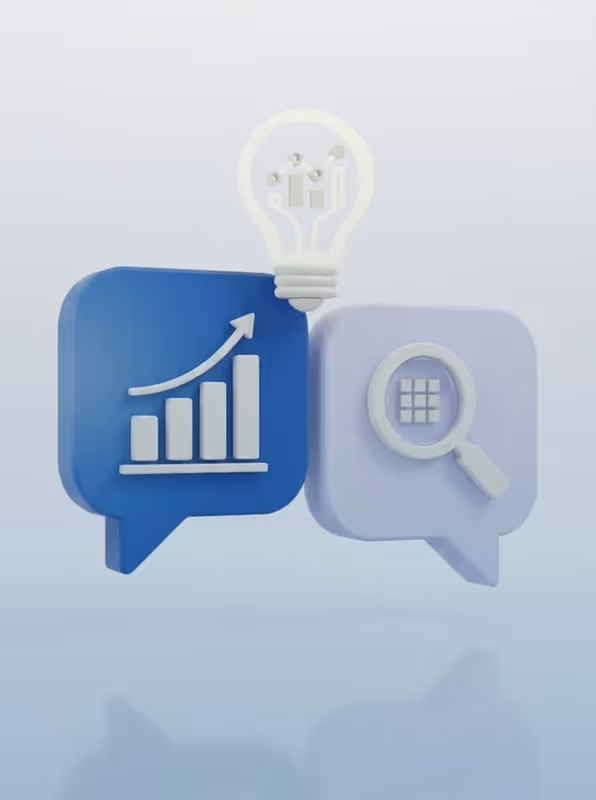 3D icons representing data growth with an upward arrow on a blue chat bubble, data analysis with a magnifying glass on a purple chat bubble, and an illuminated lightbulb symbolizing ideas above them.