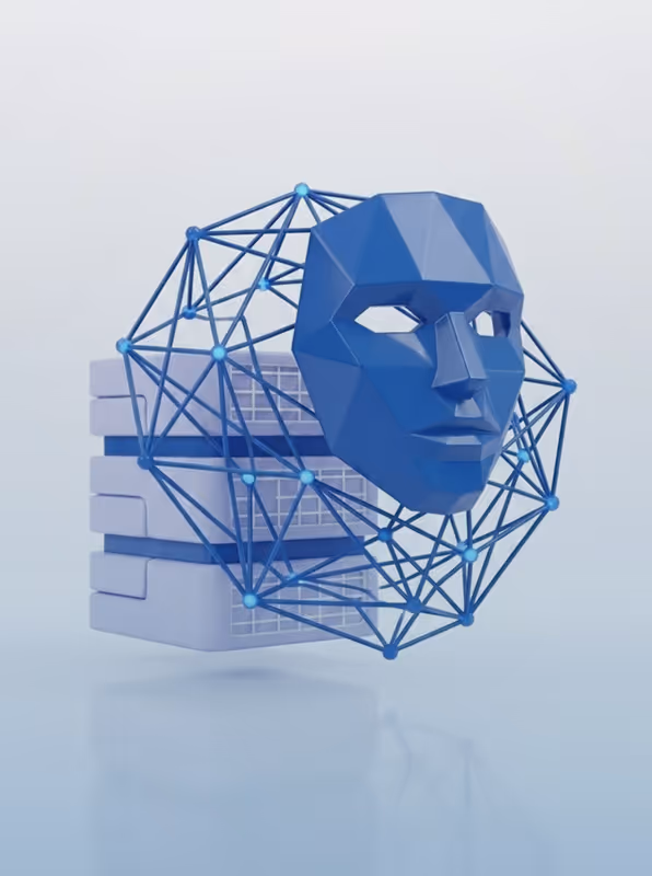 Blue geometric human face mesh with nodes, floating next to stacked computer servers in a white space.