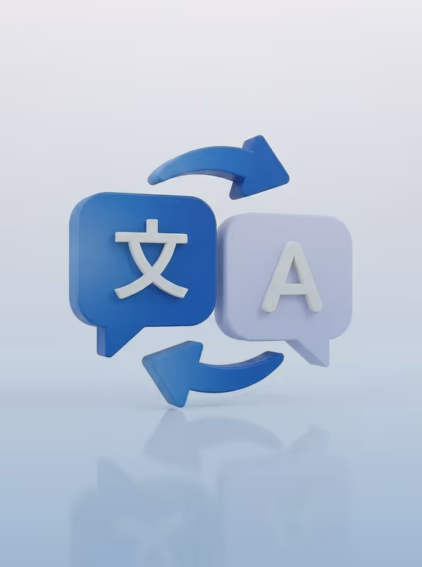 3D icons of speech bubbles with language symbols and arrows indicating translation.