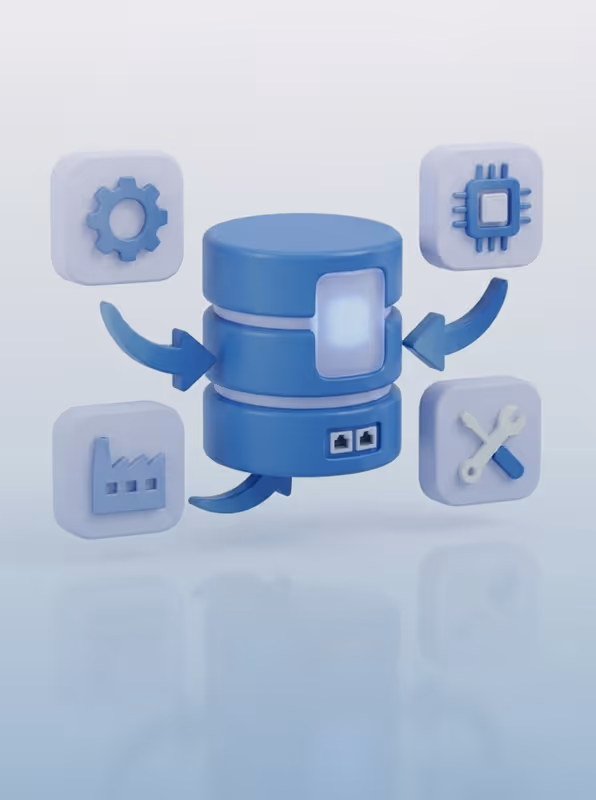 3D illustration of a blue database server with arrows pointing to icons of settings gear, microchip, factory, and tools.