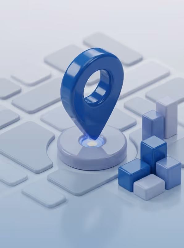 3D illustration of a blue map location pin on a white platform with abstract rectangular blocks nearby.