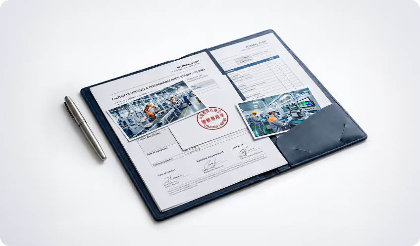 Open audit report folder with factory compliance documents, industrial photos, and a pen on a white surface.