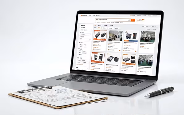 Open laptop displaying an online product listing page with images and descriptions in Chinese, next to a clipboard with paperwork and a pen on a white surface.