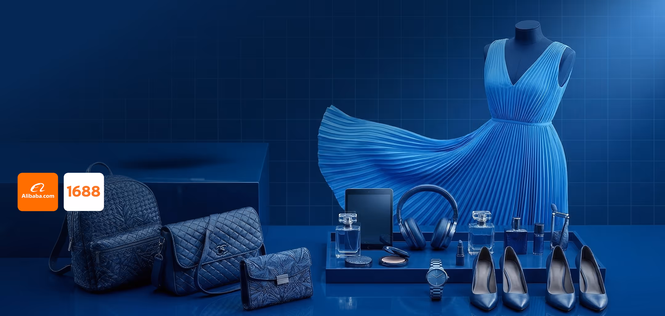 Display of blue-themed fashion items including a pleated dress, handbags, high heels, perfume bottles, makeup, headphones, a watch, and a tablet on a blue surface with Alibaba and 1688 logos.