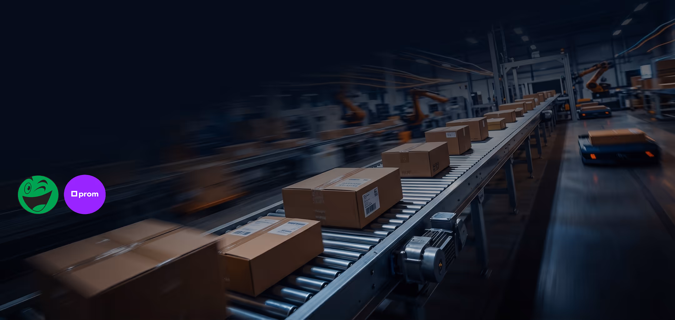 Boxes moving on a conveyor belt in an automated warehouse with robotic arms in the background.