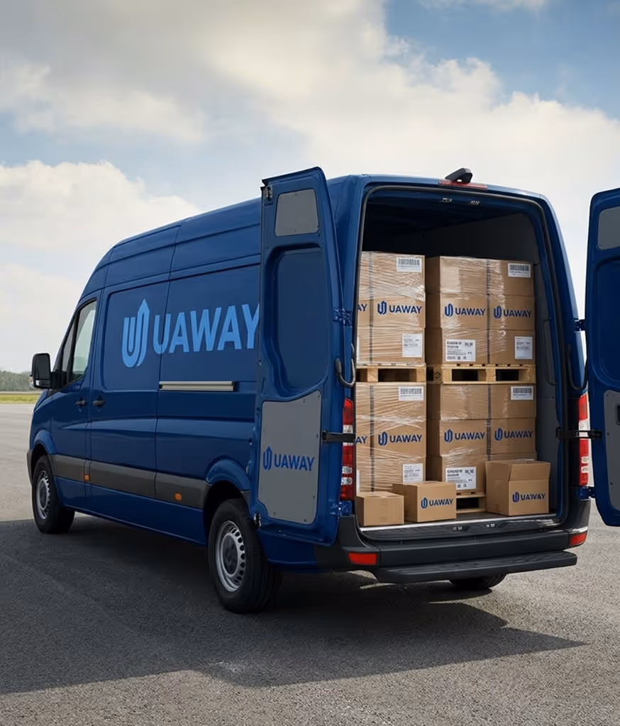 Blue delivery van with UAWAY logo on side and open rear doors showing stacked UAWAY cardboard boxes inside.