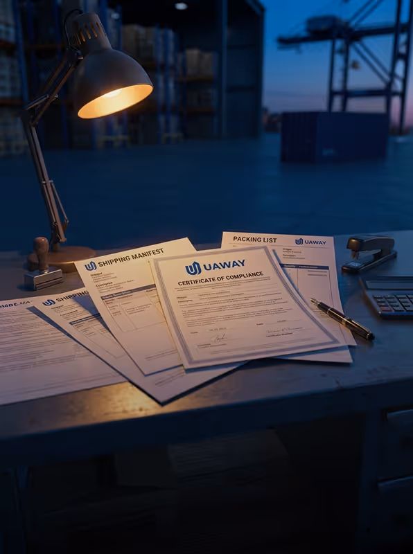 Documents including a certificate of compliance, shipping manifest, and packing list on a desk under a lamp in a warehouse setting.