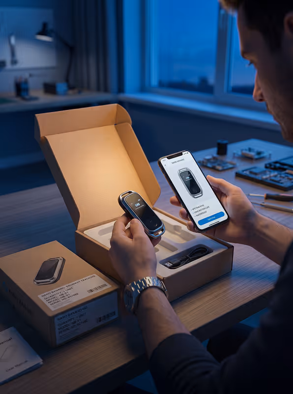 Person setting up a digital car key device using a smartphone app next to the device's open packaging box on a desk.