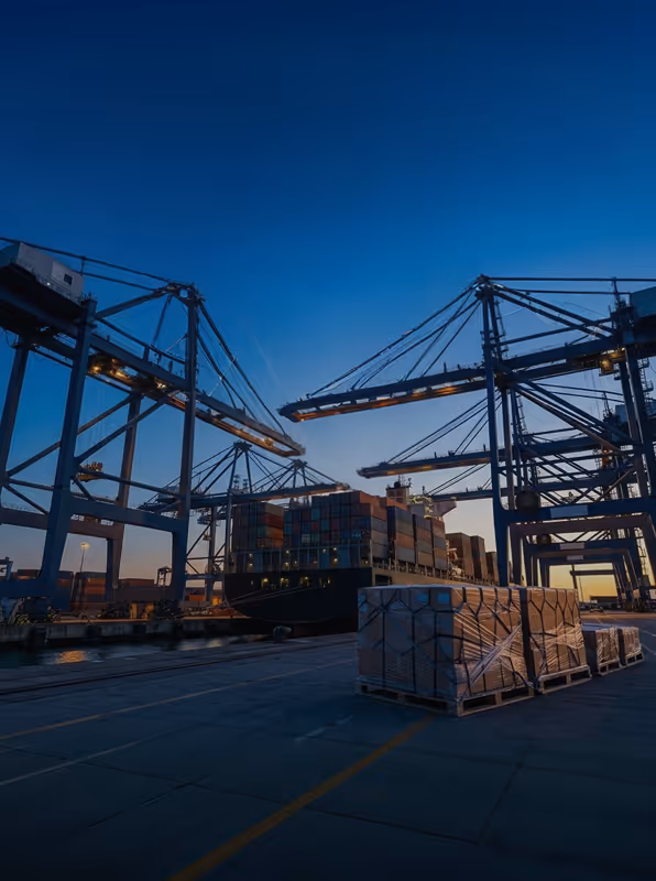 Container ship docked at port with large cranes and stacked pallets at dusk.