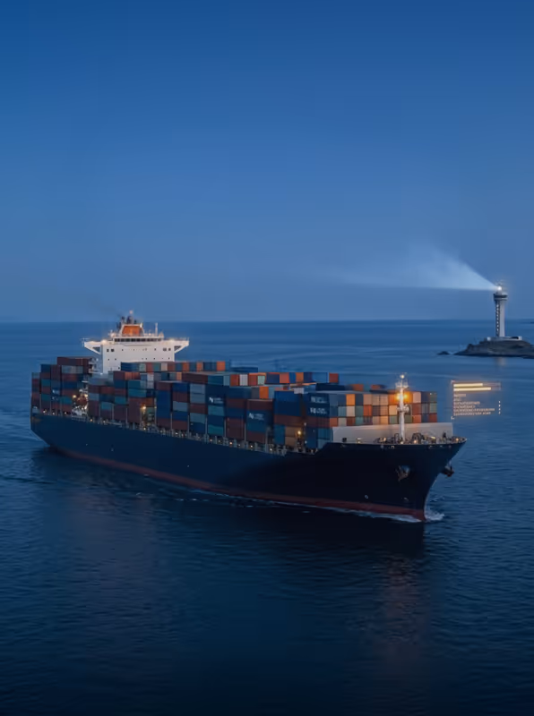 Large container cargo ship sailing near a lighthouse with its light on over calm blue sea at dusk.