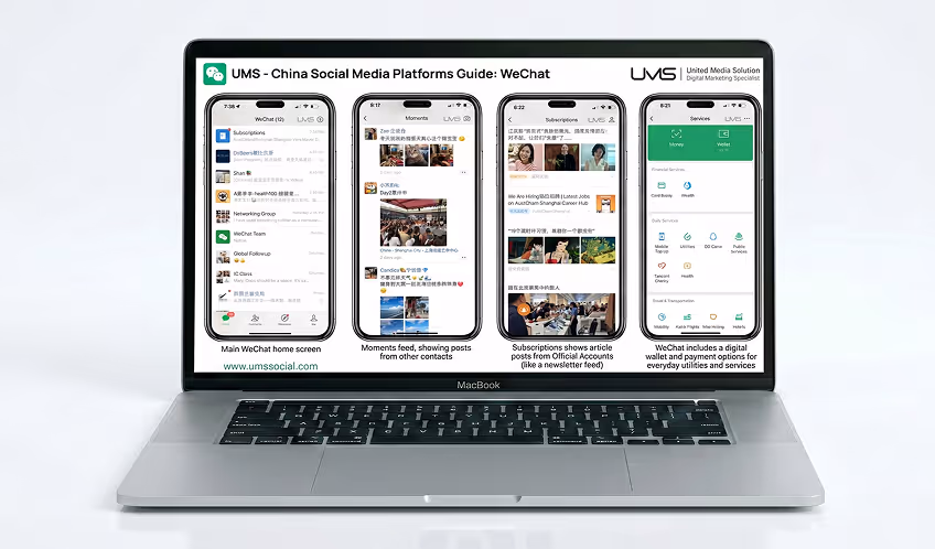 Laptop screen displaying UMS China Social Media Platforms Guide for WeChat with four phone screenshots illustrating main home screen, Moments feed, Subscriptions article feed, and digital wallet services.