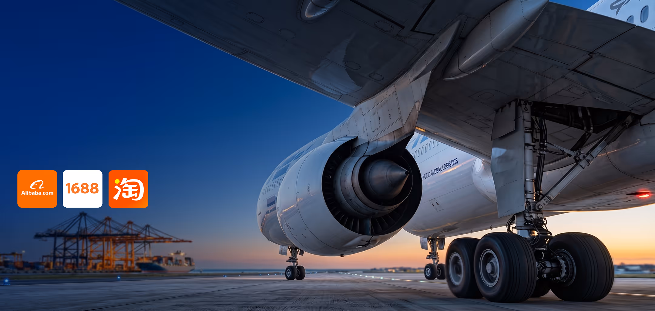 Close-up view of an airplane engine and landing gear on the tarmac at sunset with shipping cranes and containers in the background.