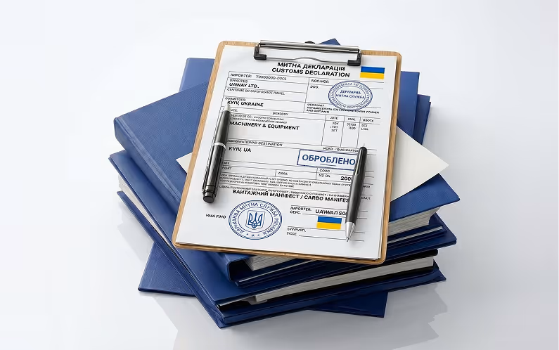 Clipboard with a customs declaration form and two pens placed on top of a stack of blue binders.