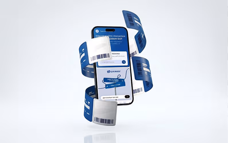 Smartphone displaying a package tracking app surrounded by floating barcodes on blue and white labels.