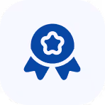 Blue award ribbon with a star in the center on a rounded white square background.