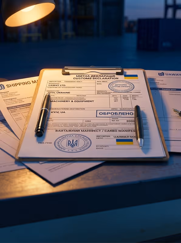 Customs declaration form on clipboard with two pens under a desk lamp, paperwork related to shipping and logistics.